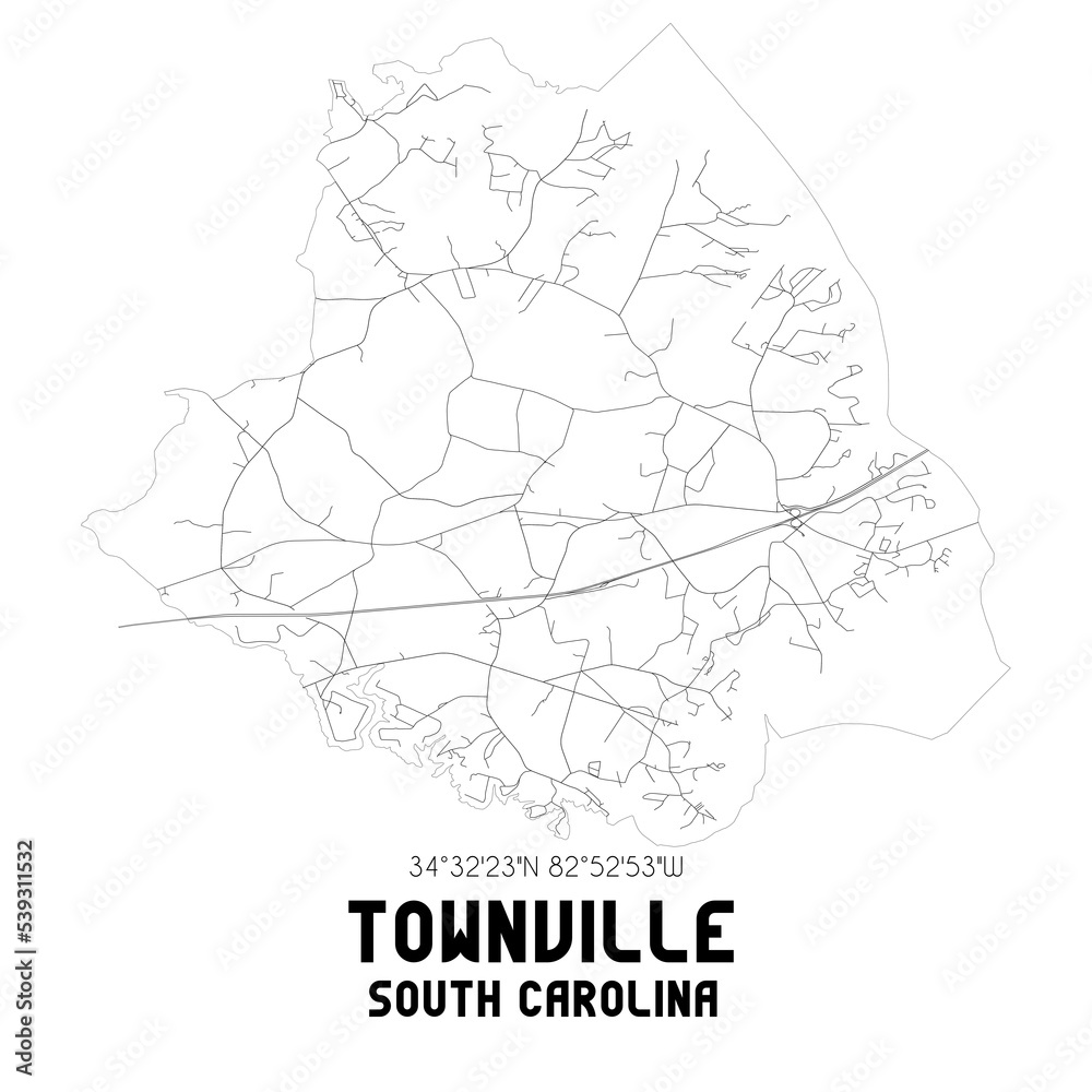Townville South Carolina. US street map with black and white lines.
