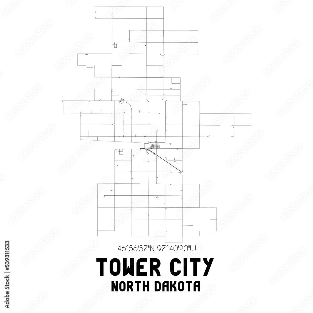 Tower City North Dakota. US street map with black and white lines.