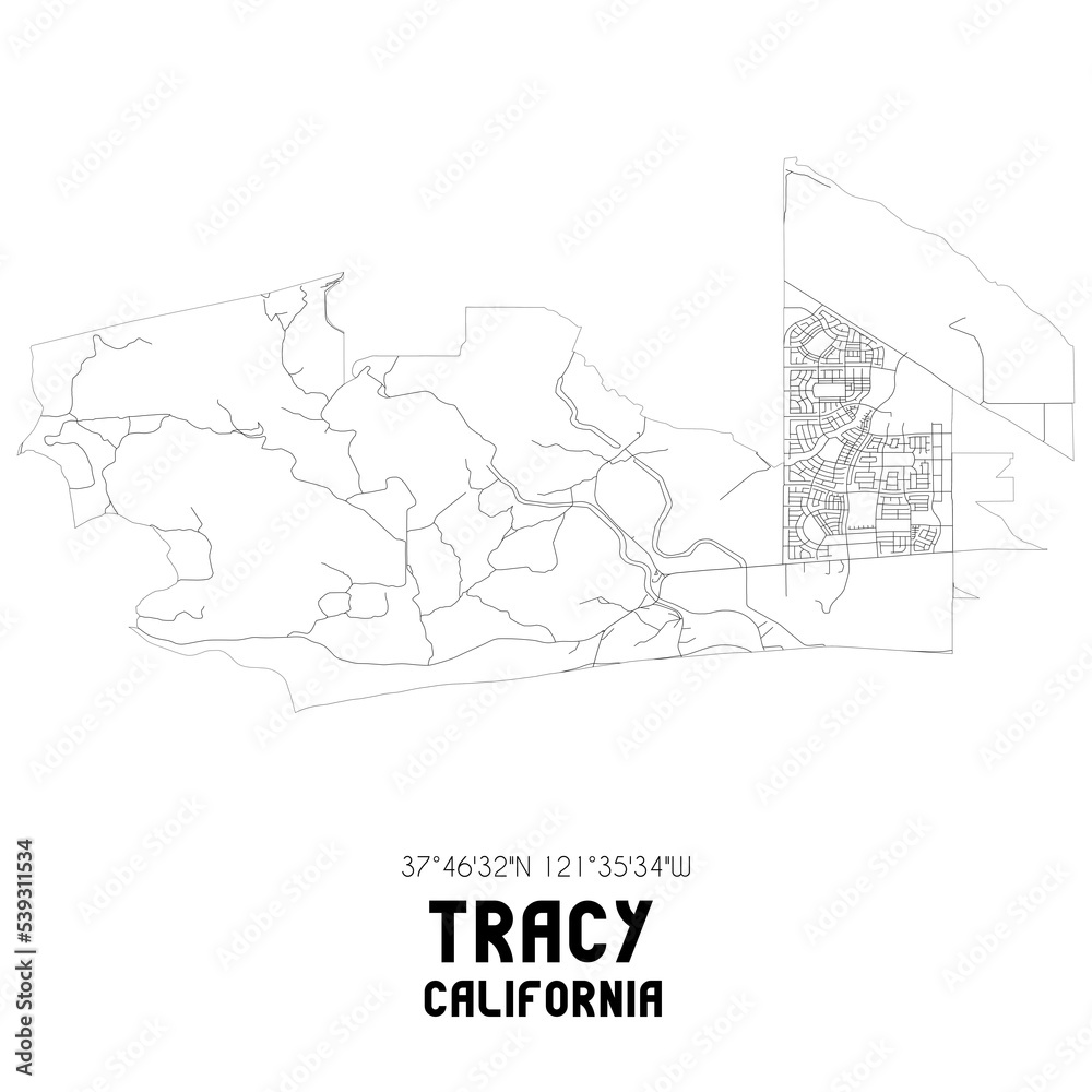 Tracy California. US street map with black and white lines.