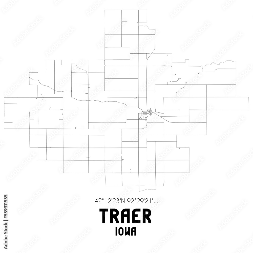 Traer Iowa. US street map with black and white lines.