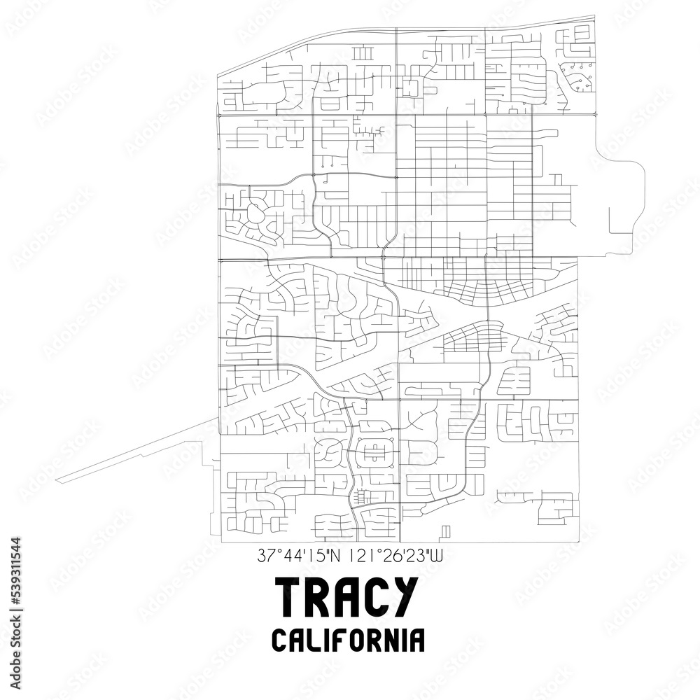 Tracy California. US street map with black and white lines.