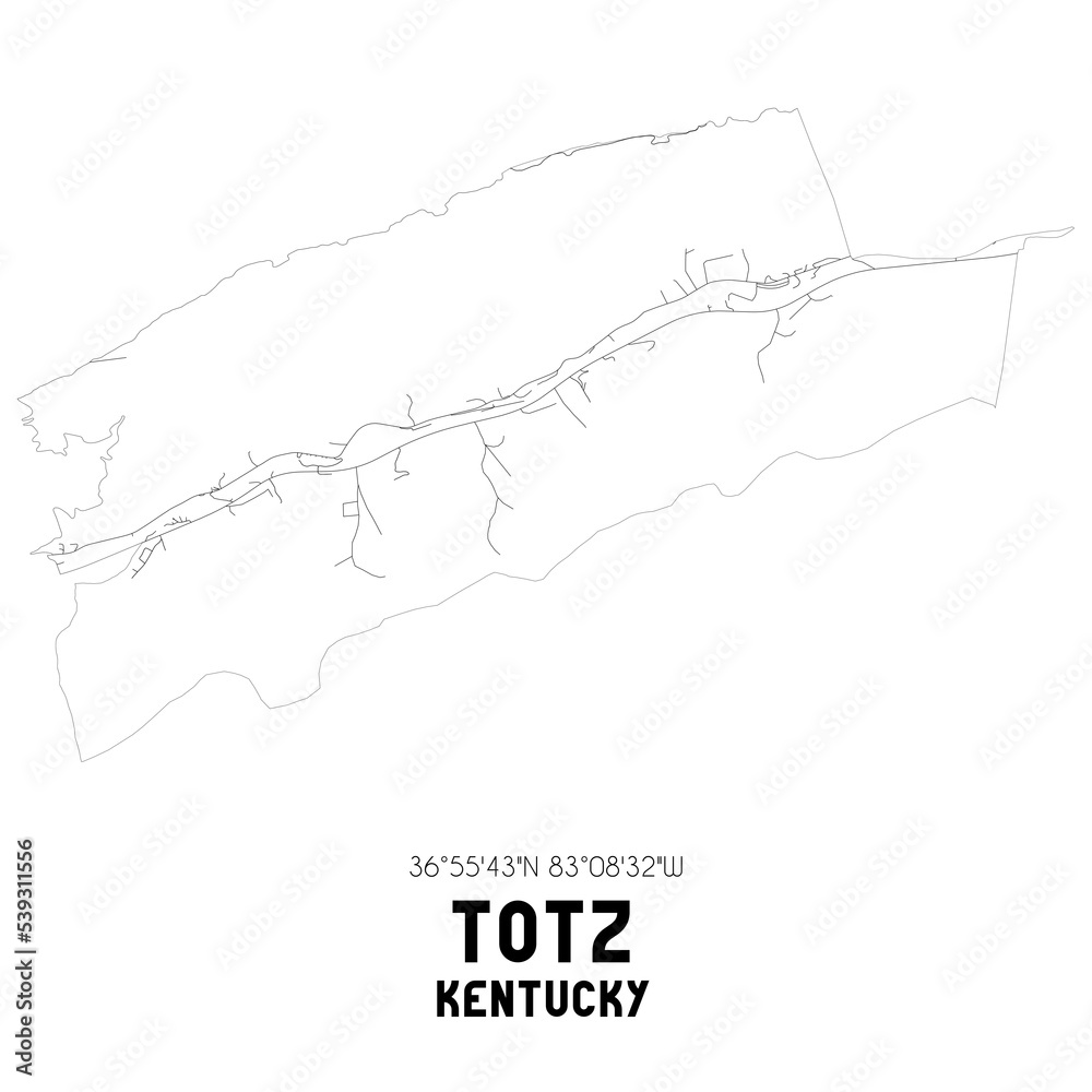 Totz Kentucky. US street map with black and white lines.