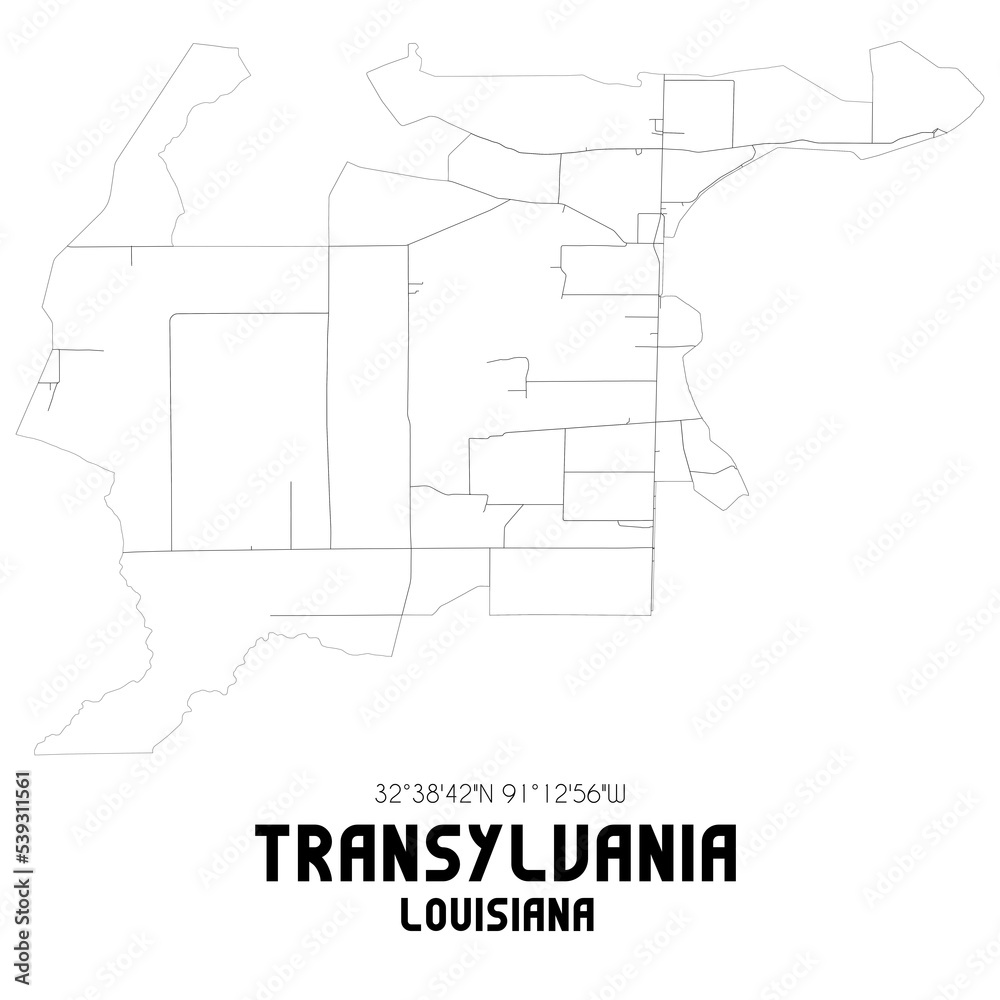Transylvania Louisiana. US street map with black and white lines.