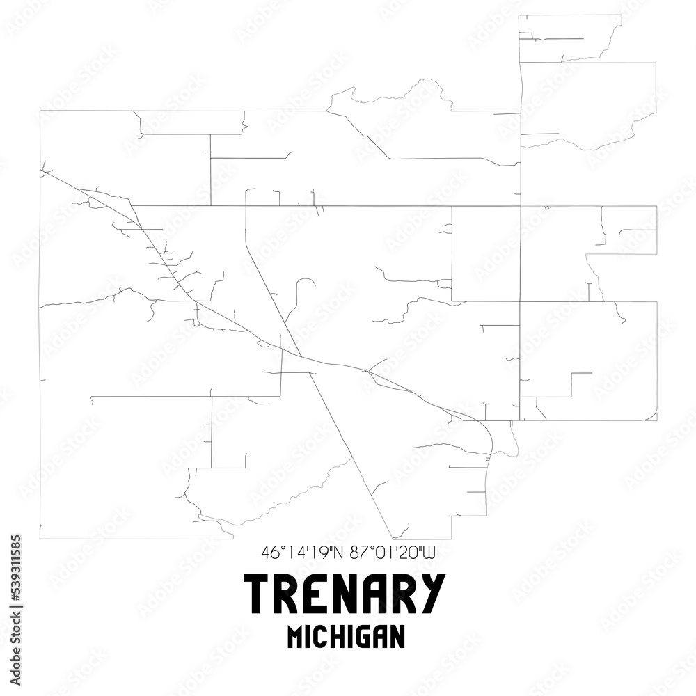 Trenary Michigan. US street map with black and white lines.