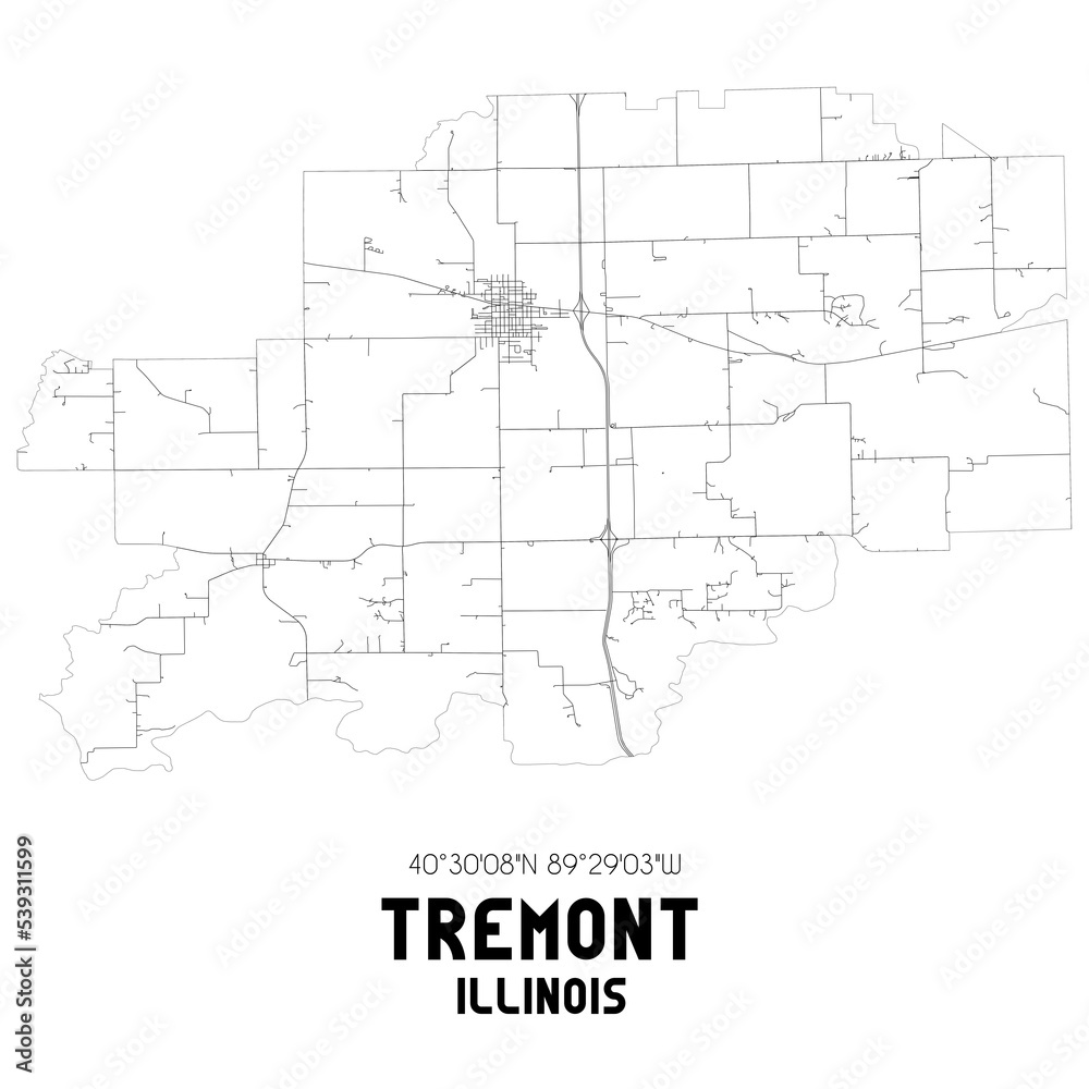 Tremont Illinois. US street map with black and white lines.