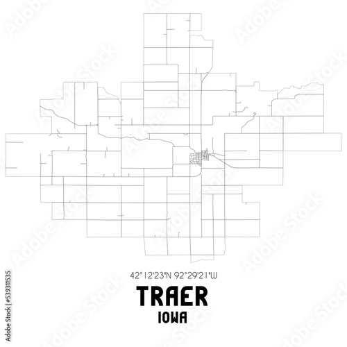 Traer Iowa. US street map with black and white lines.