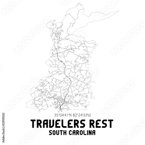 Travelers Rest South Carolina. US street map with black and white lines.