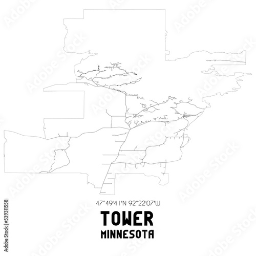 Tower Minnesota. US street map with black and white lines.