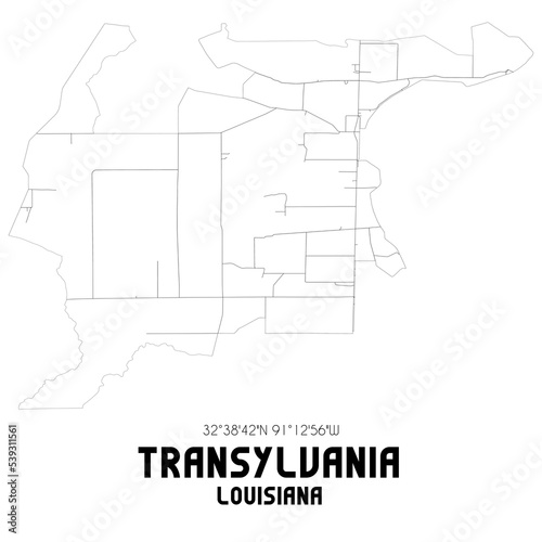 Transylvania Louisiana. US street map with black and white lines.