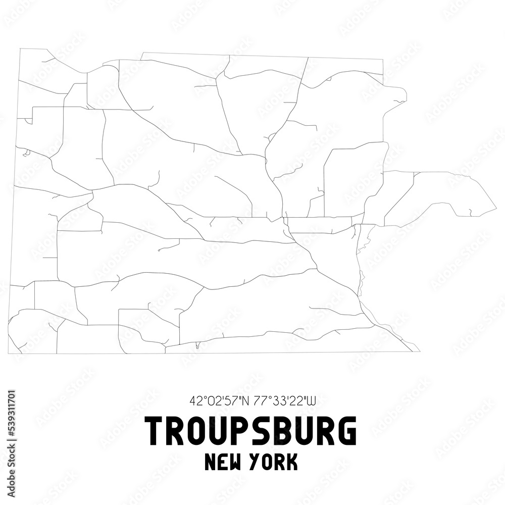 Troupsburg New York. US street map with black and white lines.