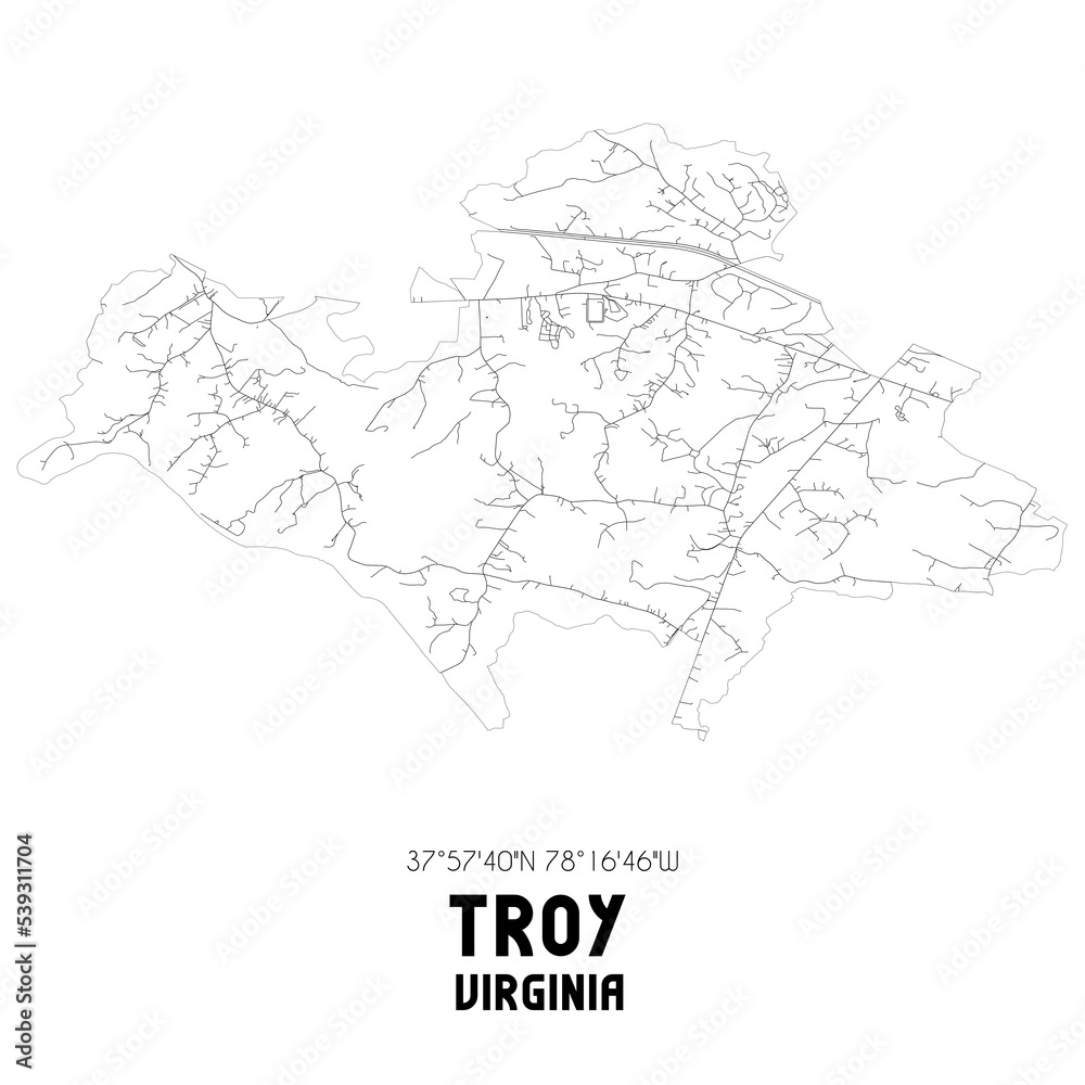 Troy Virginia. US street map with black and white lines.