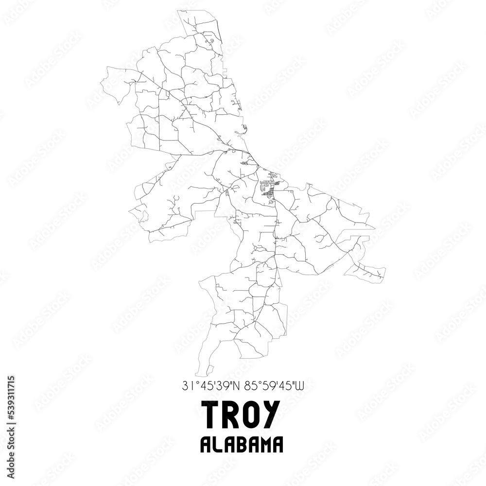 Troy Alabama. US street map with black and white lines.