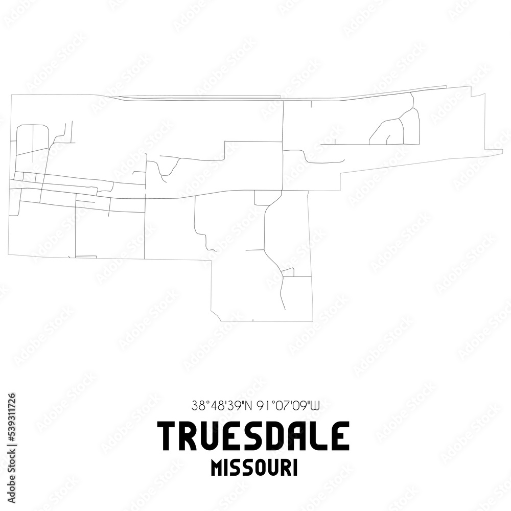 Truesdale Missouri. US street map with black and white lines.