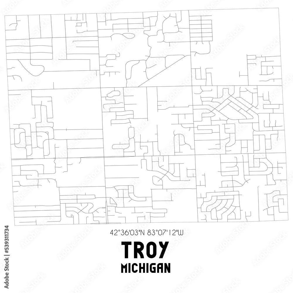 Troy Michigan. US street map with black and white lines.