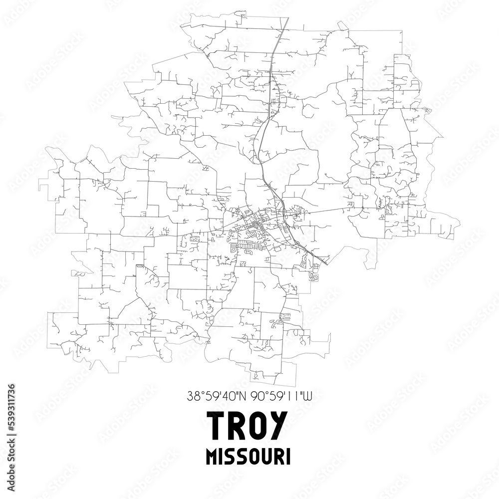 Troy Missouri. US street map with black and white lines.