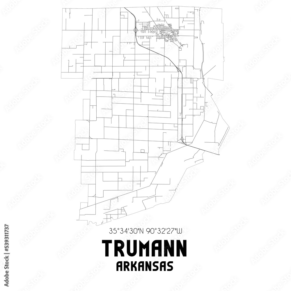 Trumann Arkansas. US street map with black and white lines.