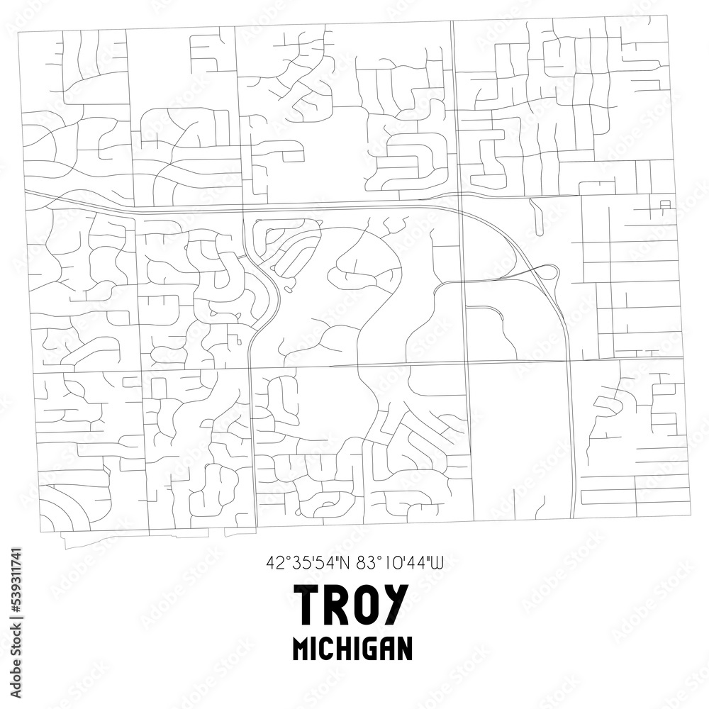Troy Michigan. US street map with black and white lines.