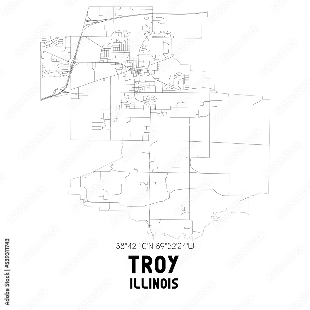 Troy Illinois. US street map with black and white lines.
