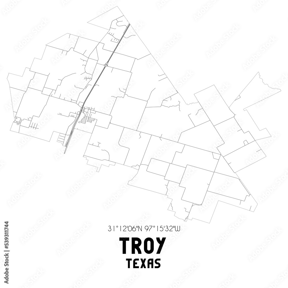 Troy Texas. US street map with black and white lines.