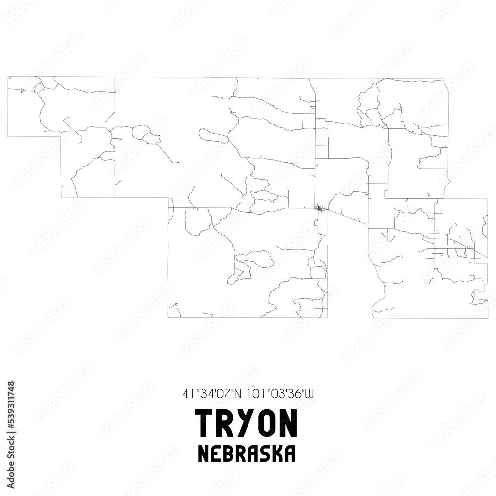 Tryon Nebraska. US street map with black and white lines.
