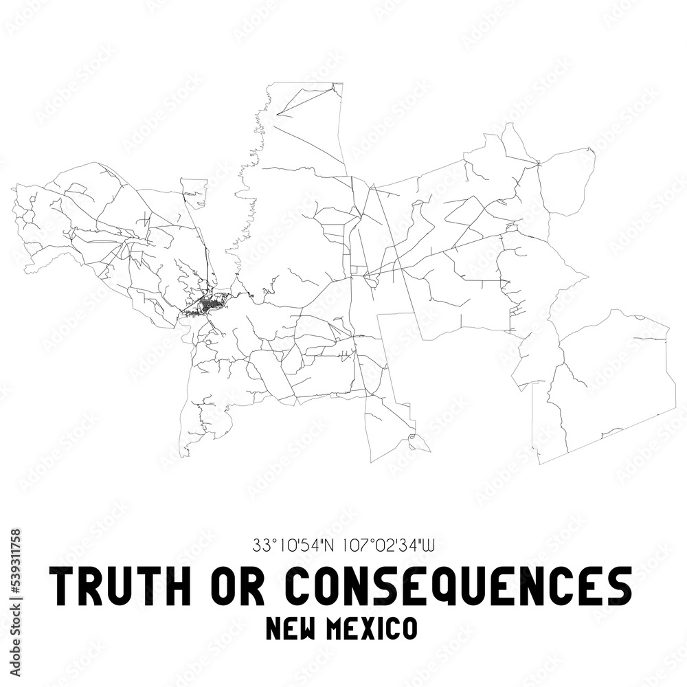 Truth Or Consequences New Mexico. US street map with black and white lines.