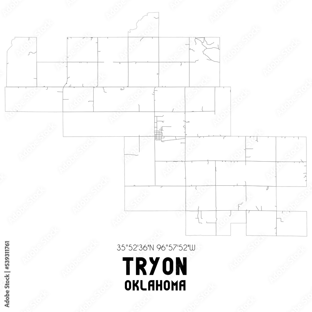 Tryon Oklahoma. US street map with black and white lines.