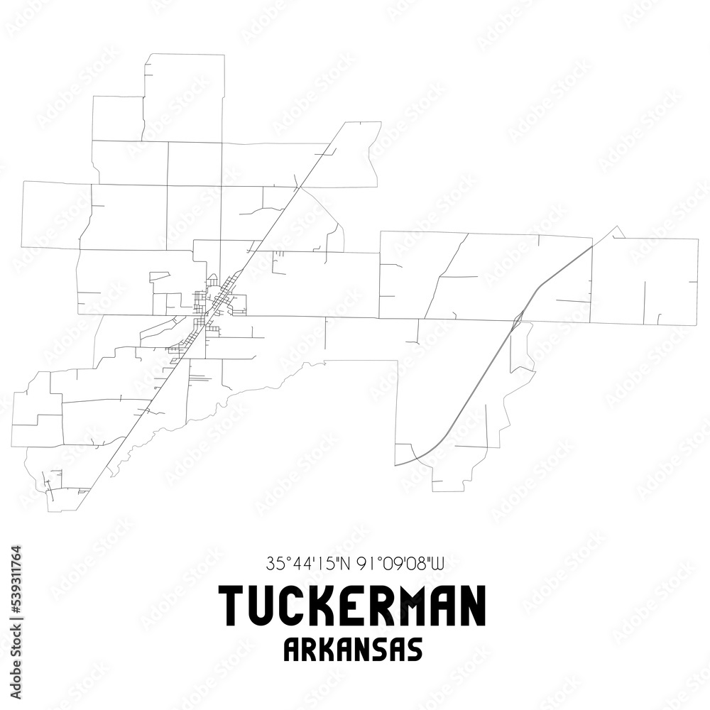 Tuckerman Arkansas. US street map with black and white lines.