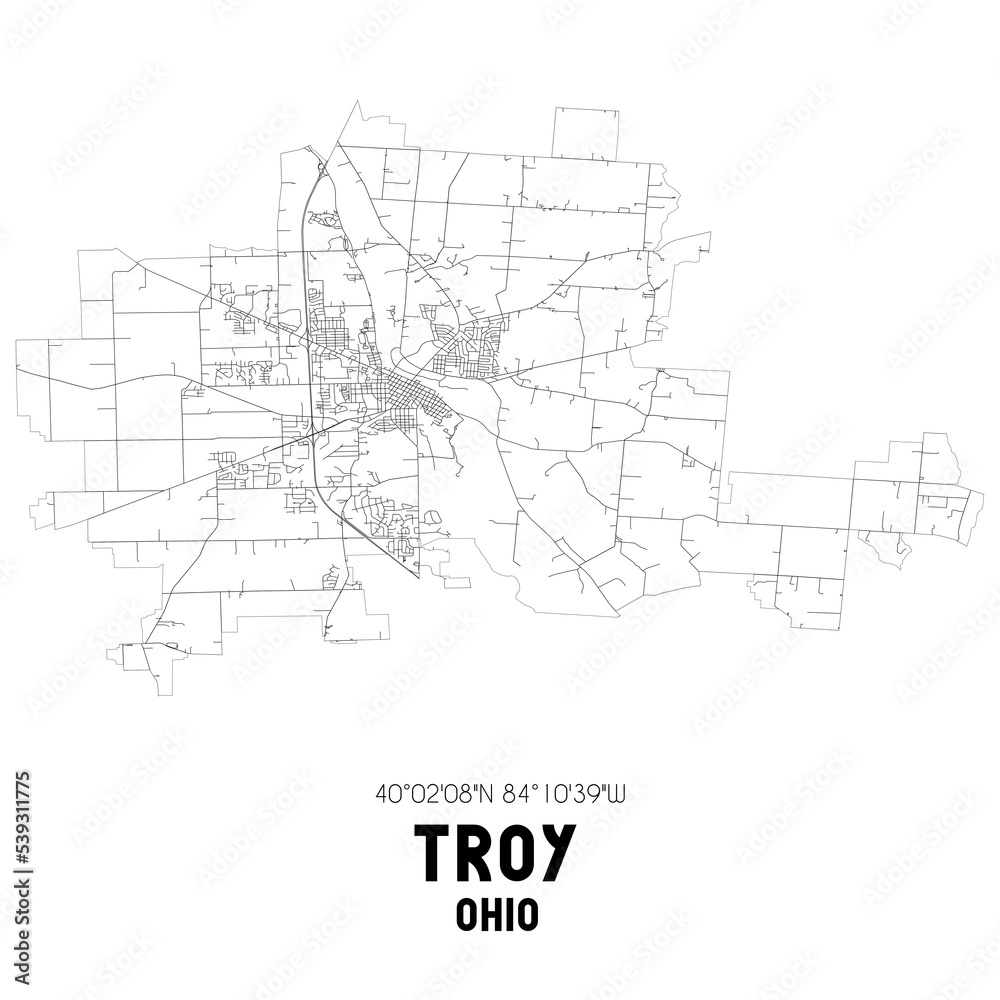 Troy Ohio. US street map with black and white lines.