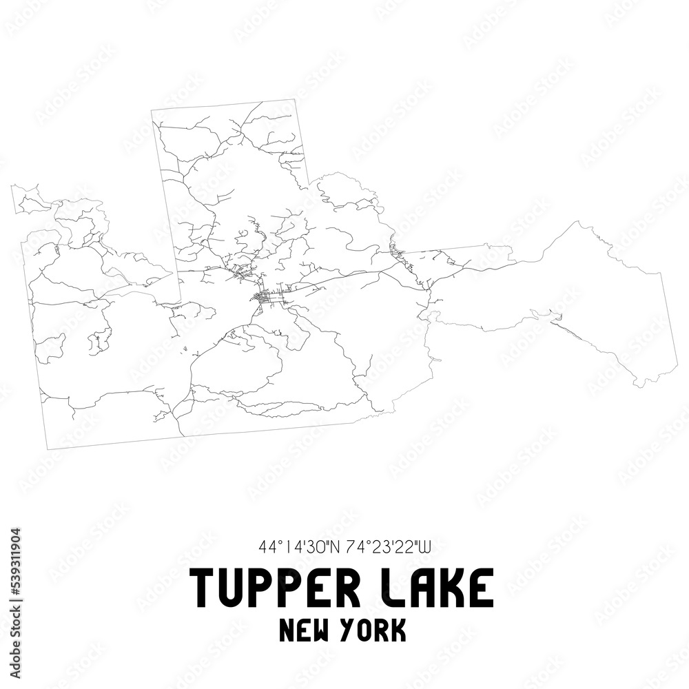 Tupper Lake New York. US street map with black and white lines.