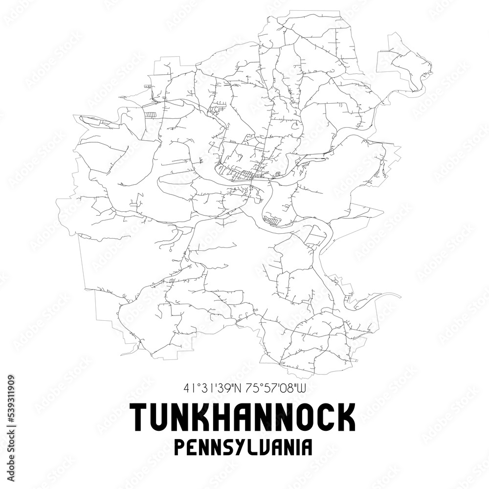 Tunkhannock Pennsylvania. US street map with black and white lines.