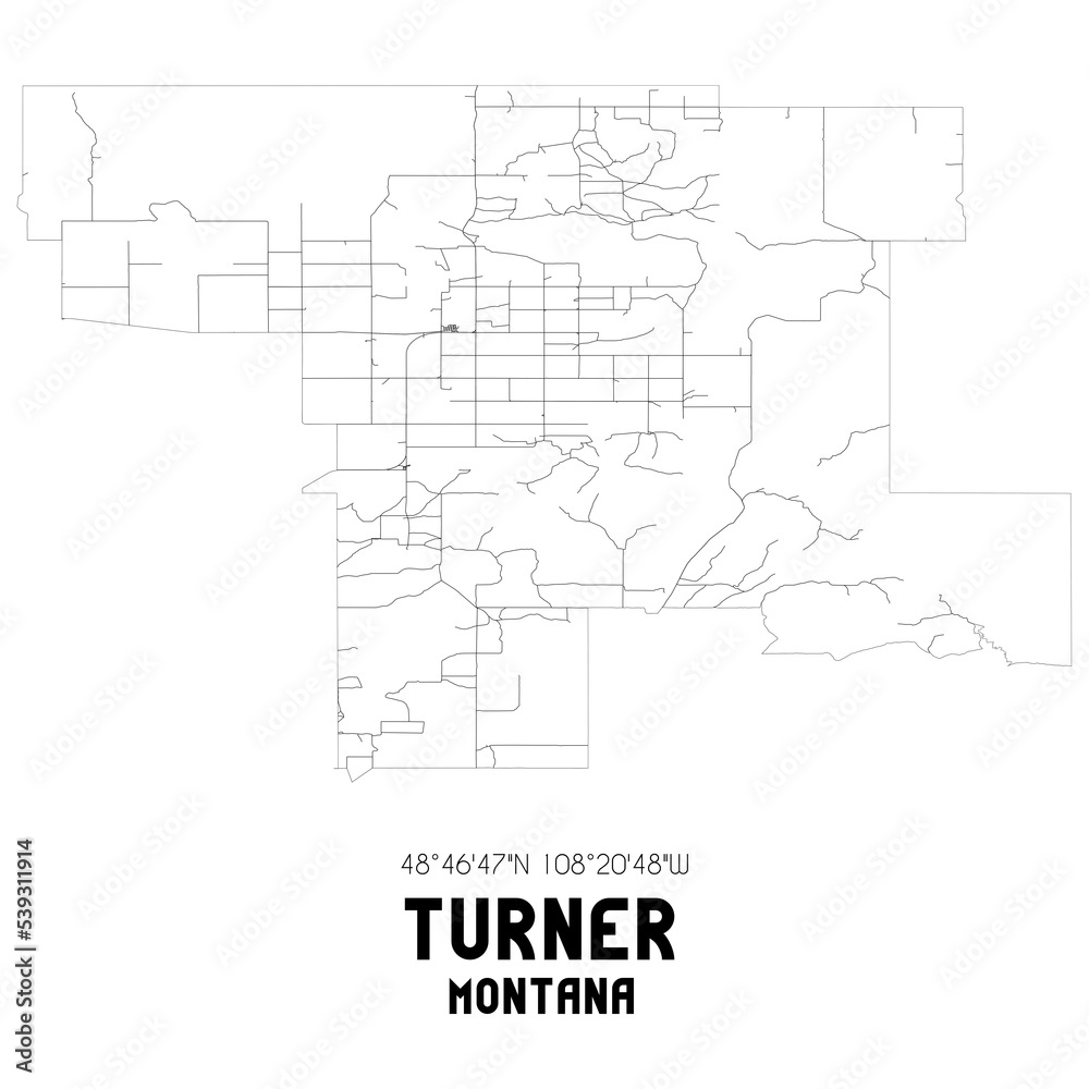 Turner Montana. US street map with black and white lines.
