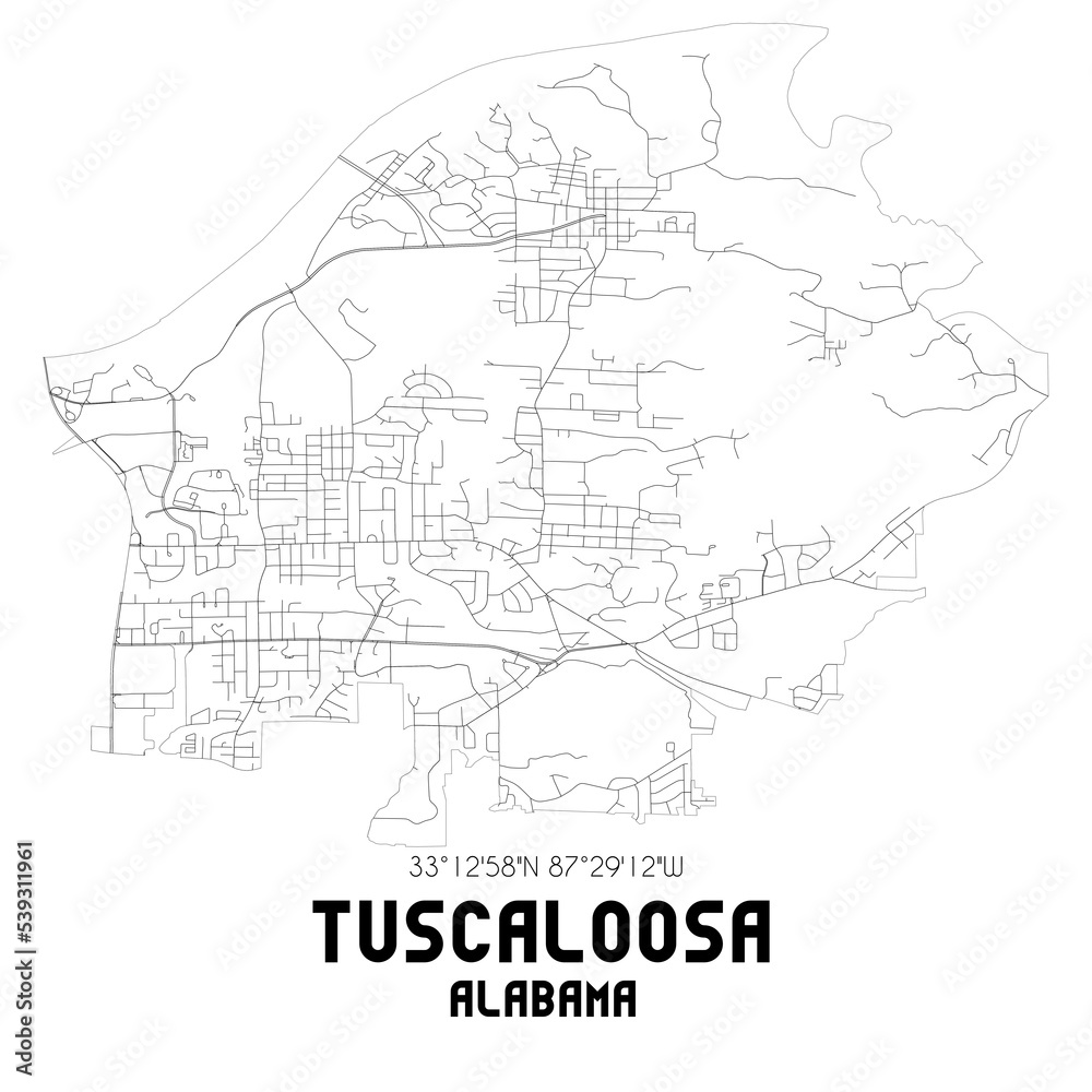 Tuscaloosa Alabama. US street map with black and white lines.
