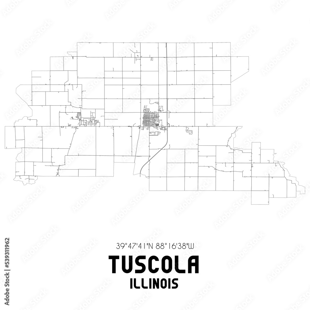 Tuscola Illinois. US street map with black and white lines.