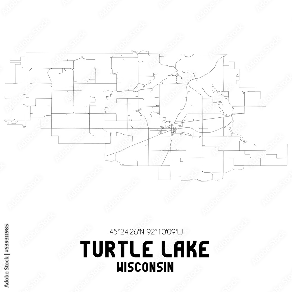 Turtle Lake Wisconsin. US street map with black and white lines.