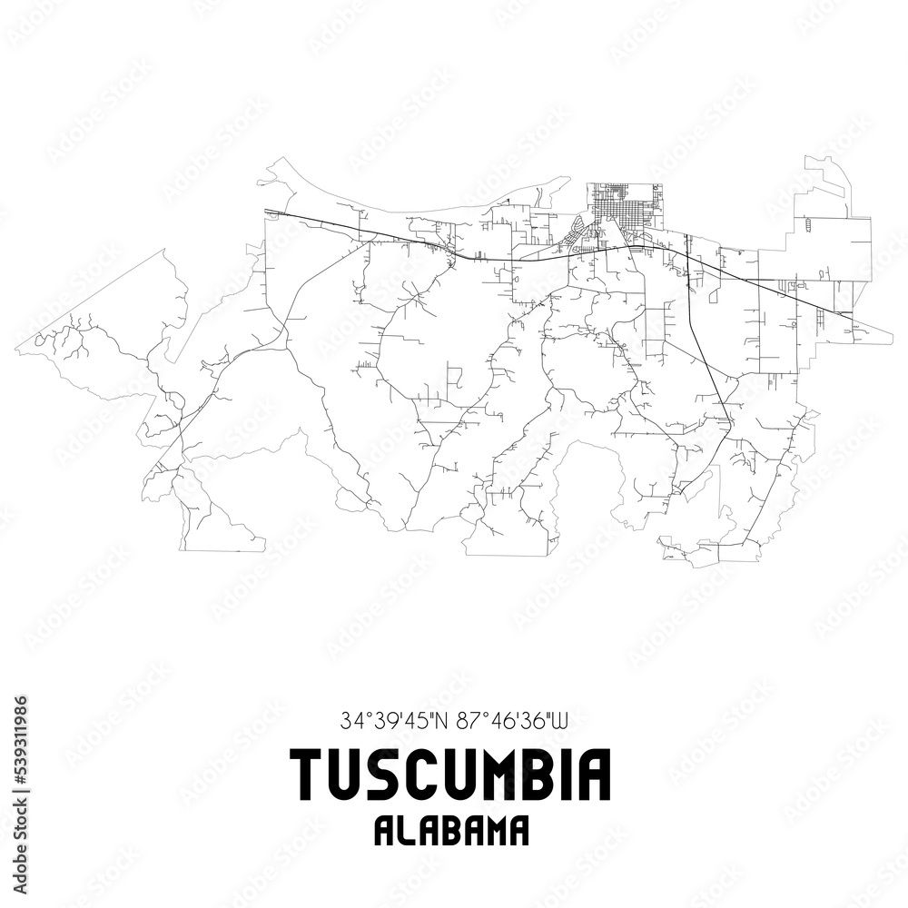 Tuscumbia Alabama. US street map with black and white lines.