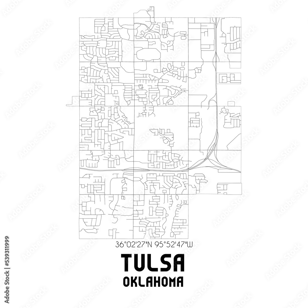 Tulsa Oklahoma. US street map with black and white lines.
