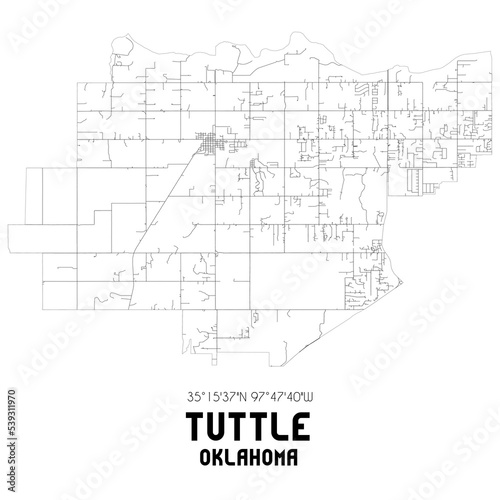 Tuttle Oklahoma. US street map with black and white lines.
