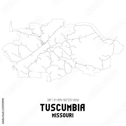 Tuscumbia Missouri. US street map with black and white lines.