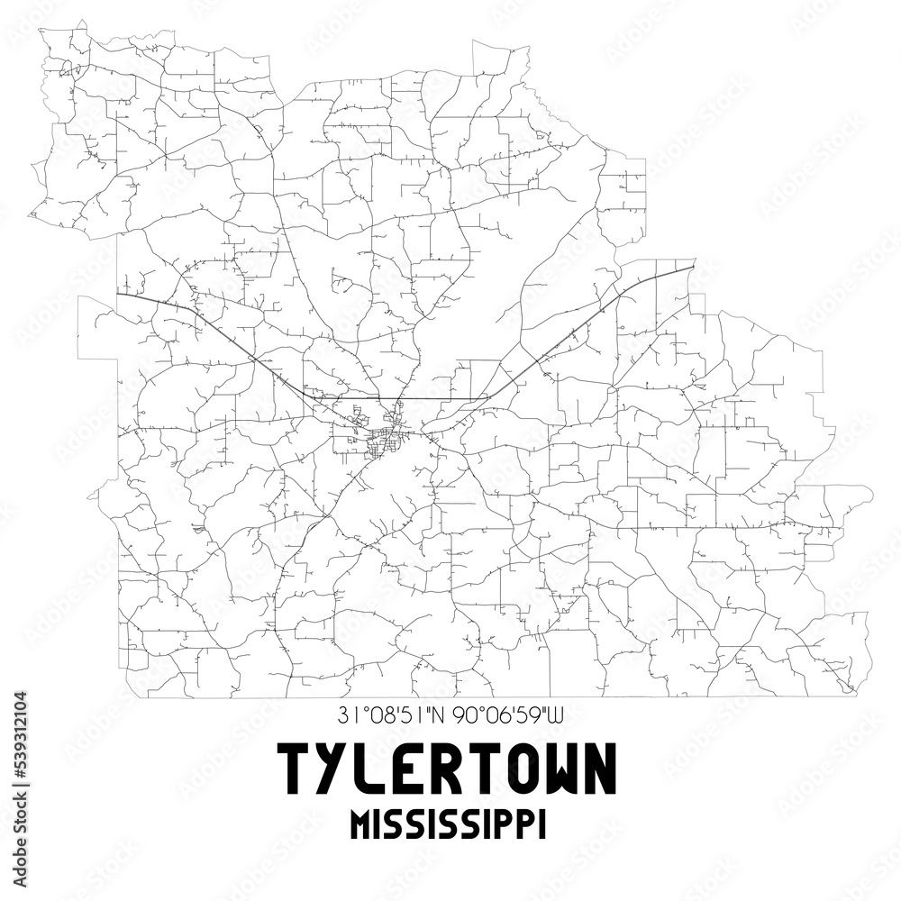 Tylertown Mississippi. US street map with black and white lines. Tylertown Mississippi. US street map with black and white lines.