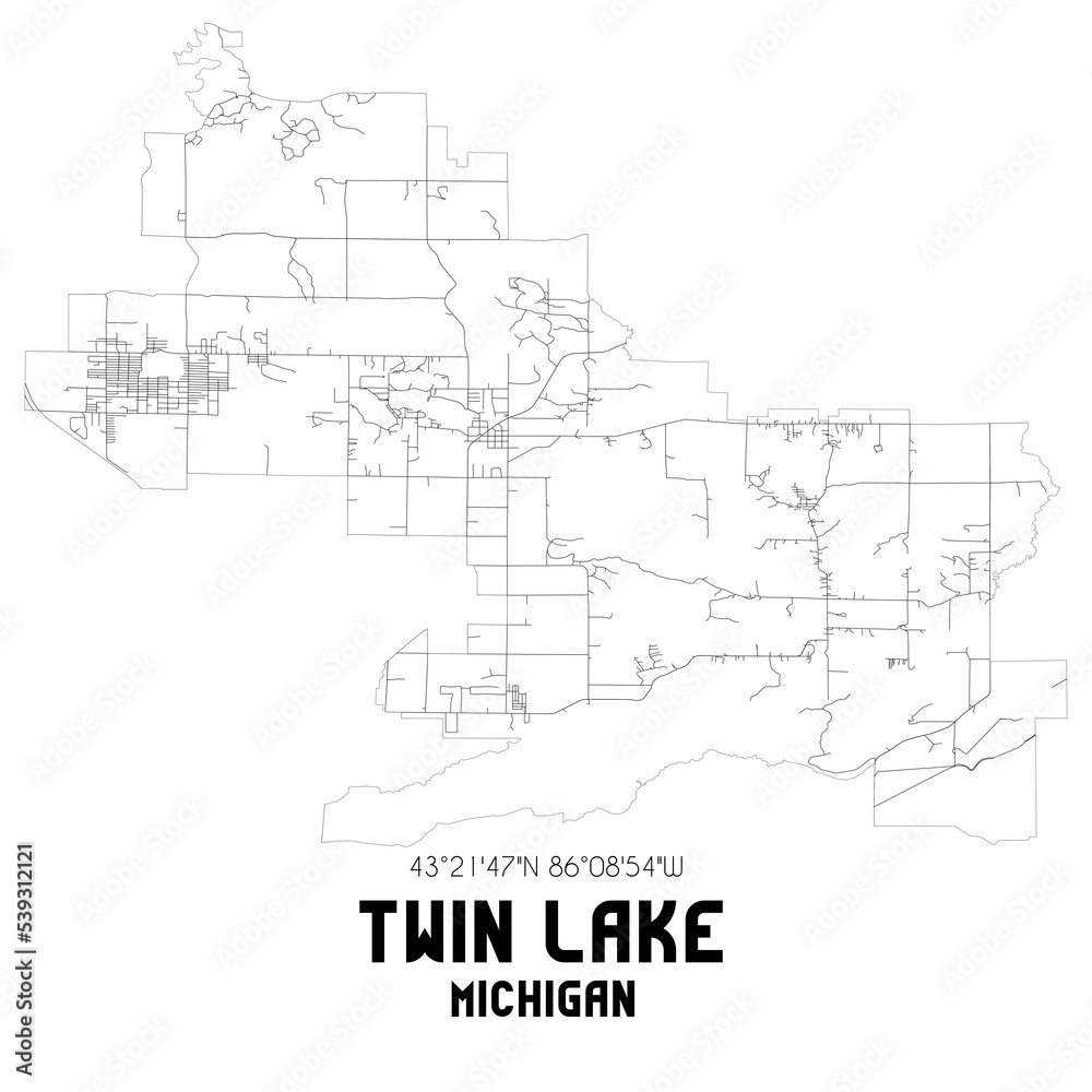 Twin Lake Michigan. US street map with black and white lines. Stock