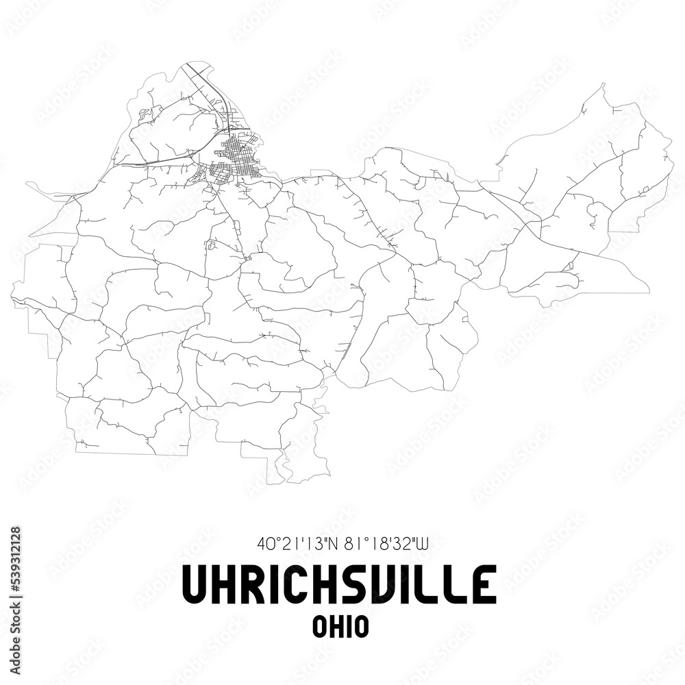 Uhrichsville Ohio. US street map with black and white lines.