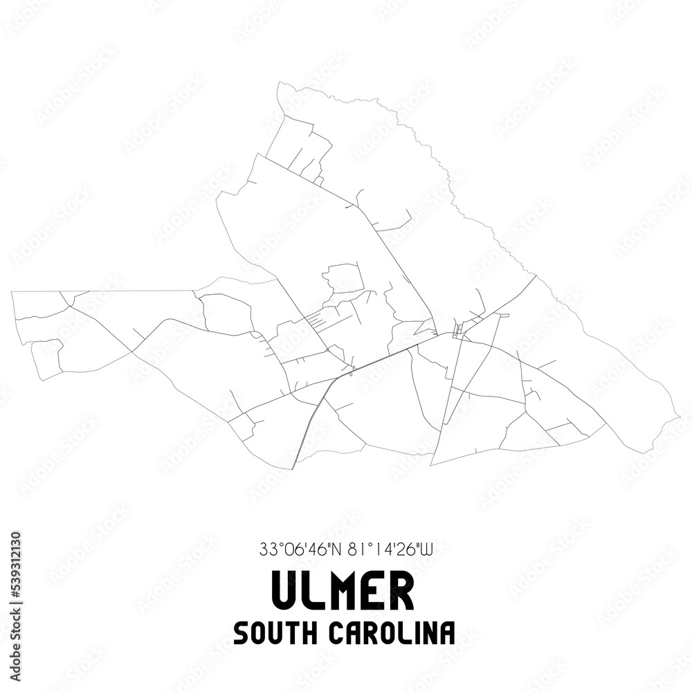 Ulmer South Carolina. US street map with black and white lines.