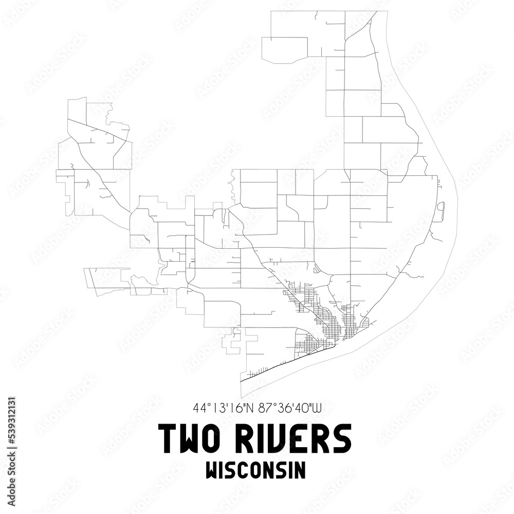 Two Rivers Wisconsin. US street map with black and white lines.