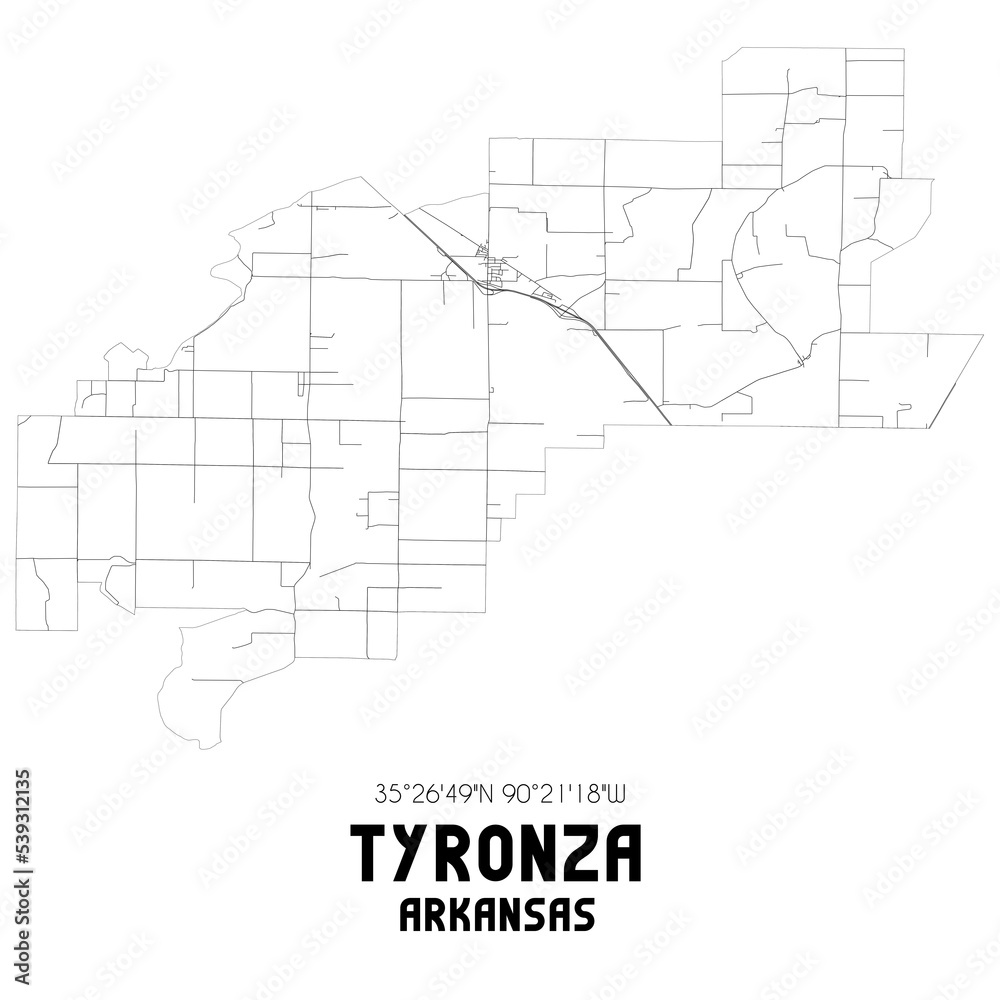 Tyronza Arkansas. US street map with black and white lines.