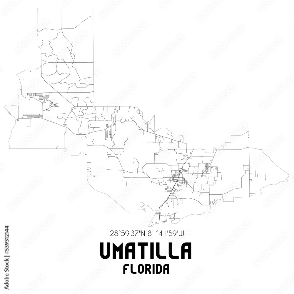 Umatilla Florida. US street map with black and white lines.