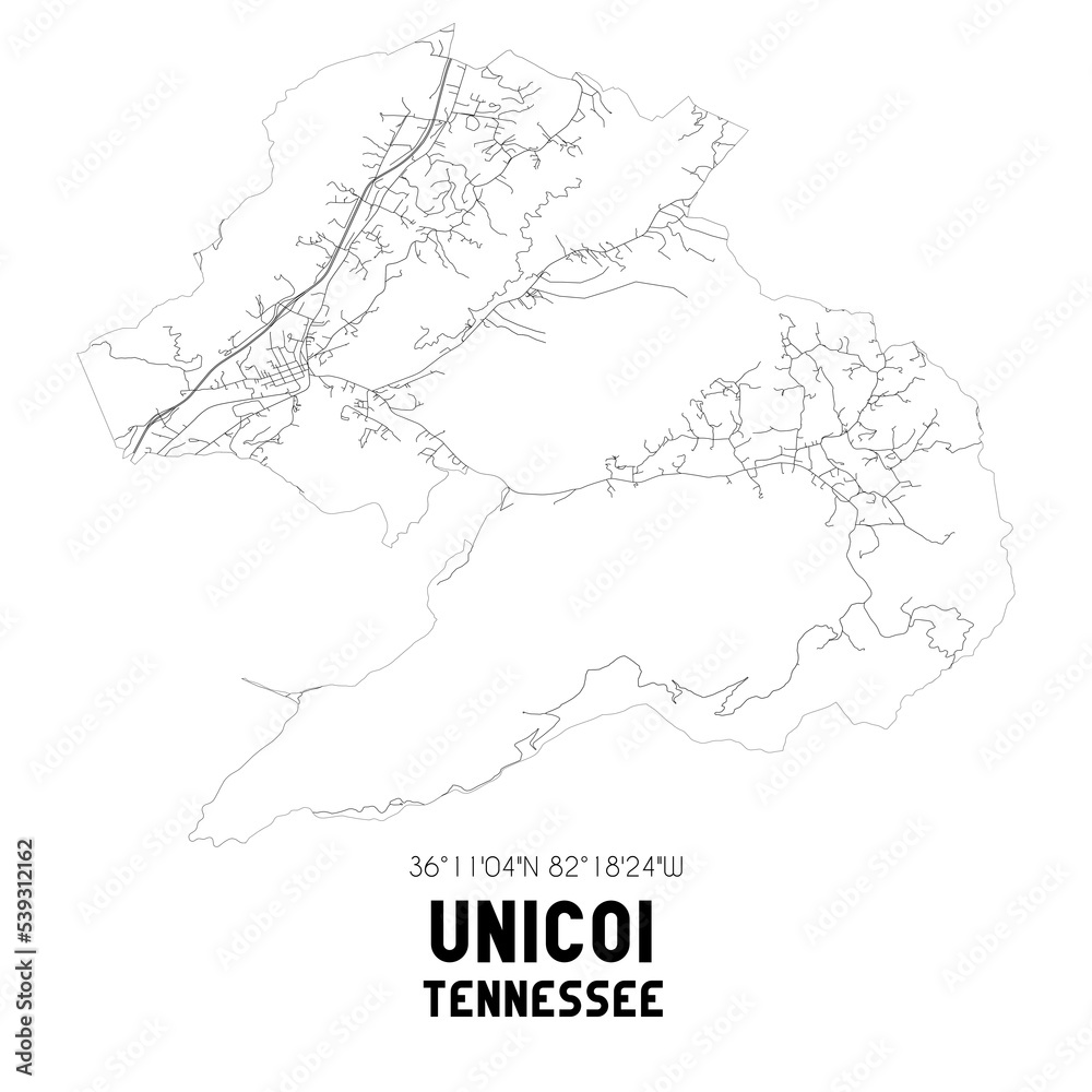 Unicoi Tennessee. US street map with black and white lines.