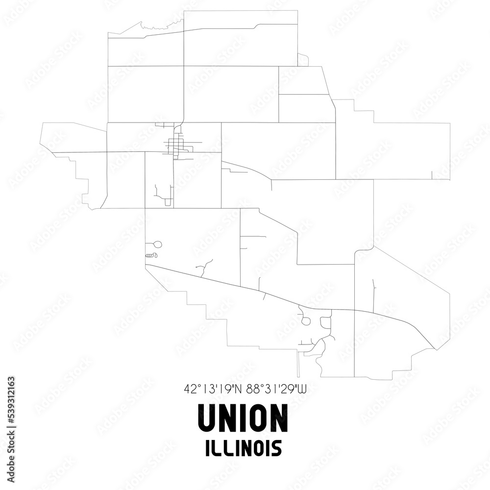 Union Illinois. US street map with black and white lines.