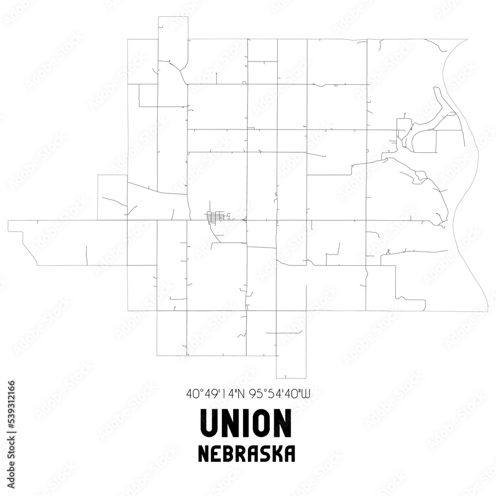 Union Nebraska. US street map with black and white lines.