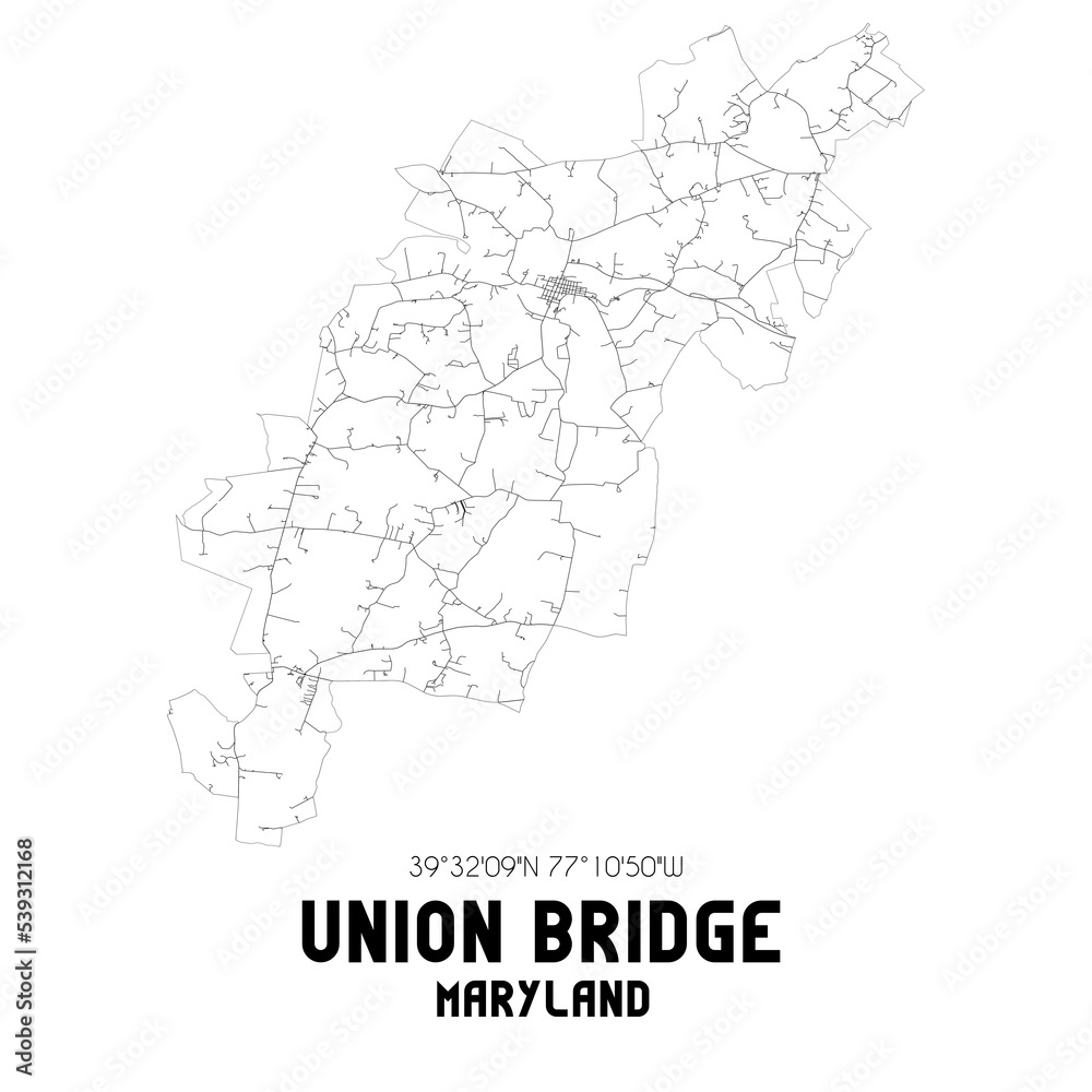 Union Bridge Maryland. US street map with black and white lines.