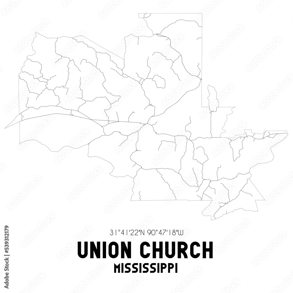 Union Church Mississippi. US street map with black and white lines